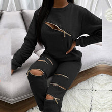 Load image into Gallery viewer, Fashion New Zipper Hollow Out Two-Piece Set Autumn Winter Women Elegant O-Neck Tops And Casual Long Pant Ladies Streetwear Suits