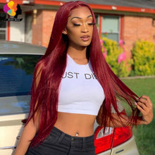 Load image into Gallery viewer, Remyblue 13*1 Lace Front Human Hair Wigs 99J Red Straight Malaysian Remy Human Hair Deep Part Wig Pre Plucked Baby Hair 28 inch
