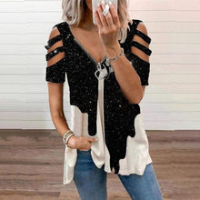 Load image into Gallery viewer, V Neck Zipper Short Sleeve Top Summer Sexy Women Printed Hollow Out T Shirt Fashion Loose Off Shoulder Casual Plus Size Shirts
